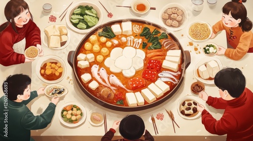 A family eating a hot pot meal together during Chinese New Year, with ingredients such as tofu, fish, and vegetables 