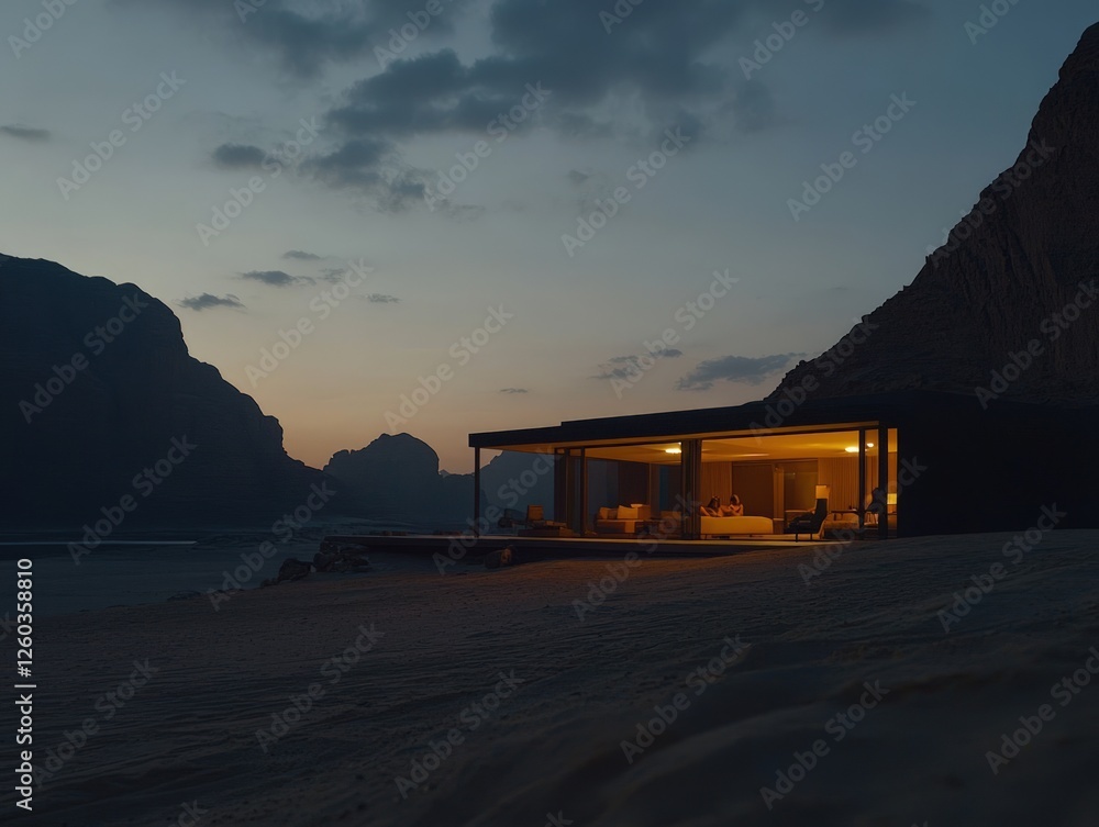 Obraz premium A minimalist contemporary home with warm interior lighting sits on a sandy beach at twilight, facing dark mountains. Large windows showcase the evening landscape. Interior light illuminates the