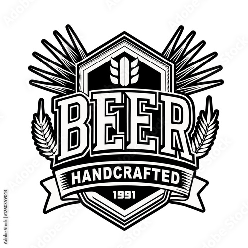 Monochrome vector logo featuring handcrafted beer, barley ears, a ribbon banner with handcrafted inscription, and the establishment year 1991, perfect for breweries and bars
