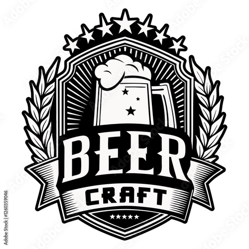 Craft beer logo featuring a mug with foam, stars, wheat ears, and a ribbon banner, ideal for breweries, bars, and pubs promoting their artisanal brews