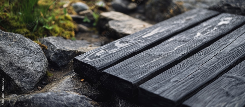 Textured black wooden planks positioned alongside a rugged rocky path in a natural outdoor setting. Textured black wooden planks positioned alongside a rugged rocky path in a natural outdoor setting.