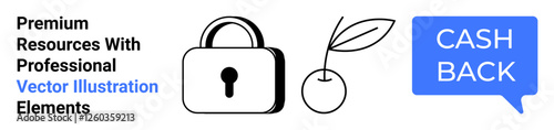 Lock symbolizing security, cherry icon for reward, and CASH BACK text in speech bubble. Ideal for finance, savings, e-commerce, digital wallets, safety, incentives flat landing page banner