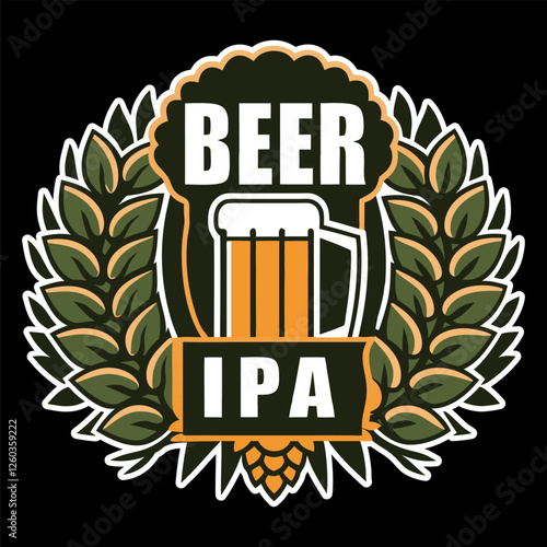 Glass of foamy ipa beer with hops and wheat forming a laurel wreath, ideal for a brewery logo or emblema, representing brewing, bar, and pub culture