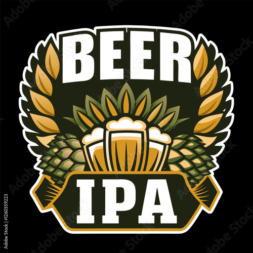 Two glasses of foamy ipa beer forming the main subject of this beer themed emblem, featuring hops and barley and perfect for a brewery, pub, or beer related business