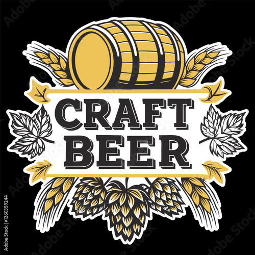 Barrel, hops, and wheat framing craft beer create a vintage style logo celebrating traditional brewing methods for breweries, pubs, and beer enthusiasts