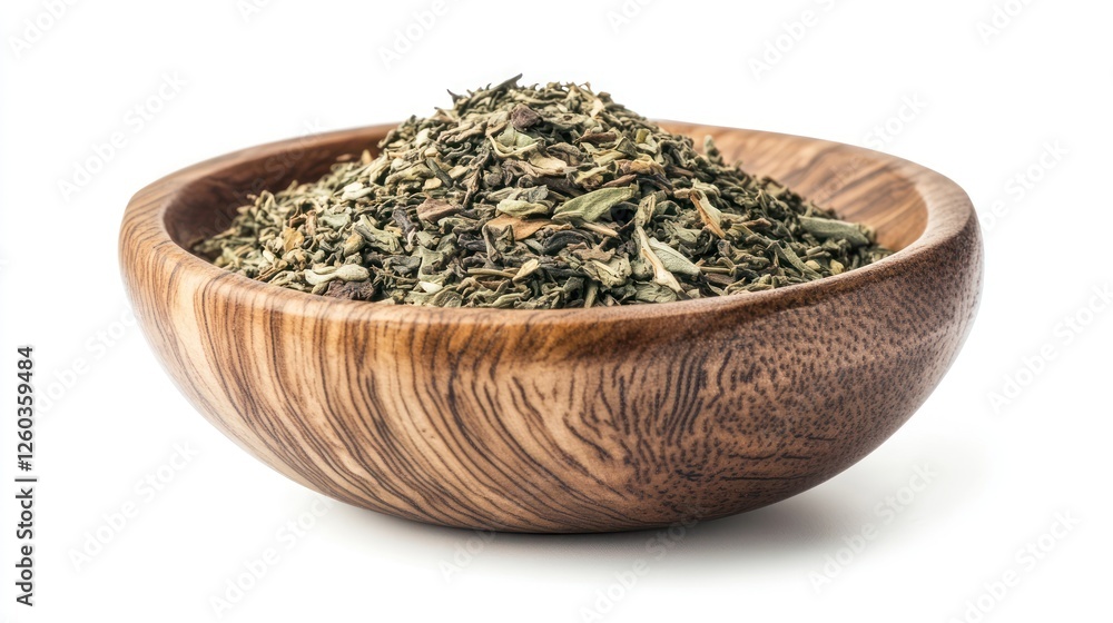 Aromatic Dried Oregano in a Wooden Bowl Isolated on White Background Aromatic Dried Oregano in a Wooden Bowl Isolated on White Background