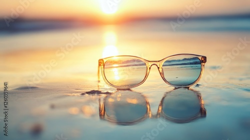 Wallpaper Mural Spectacles Reflected in Wet Sand at Sunset with Soft Waves and Empty Copy Space for Text in a Calm Beach Setting Torontodigital.ca