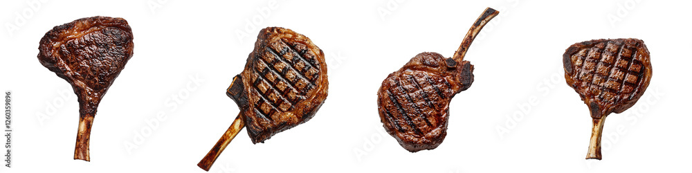 Grilled Meat Cuts on Black Background with Smoky Charred Texture Grilled Meat Cuts on Black Background with Smoky Charred Texture
