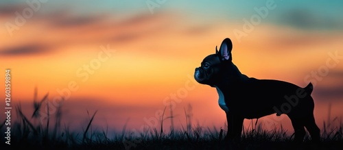 Silhouette of French Bulldog Puppy Against a Colorful Sunset Sky in Countryside Setting photo