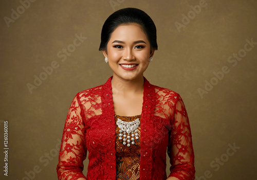 A woman in a red kebaya, looking confidently at the camera with a warm smile.