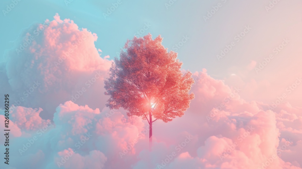 Fototapeta premium A surreal scene featuring a glowing tree bathed in radiant light, surrounded by vibrant pastel-colored clouds, evoking a dreamlike tranquility. AI generated.