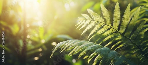 Silver fern tree Alsophila dealbata amidst lush tropical greenery illuminated by soft sunlight in a dense forest setting photo