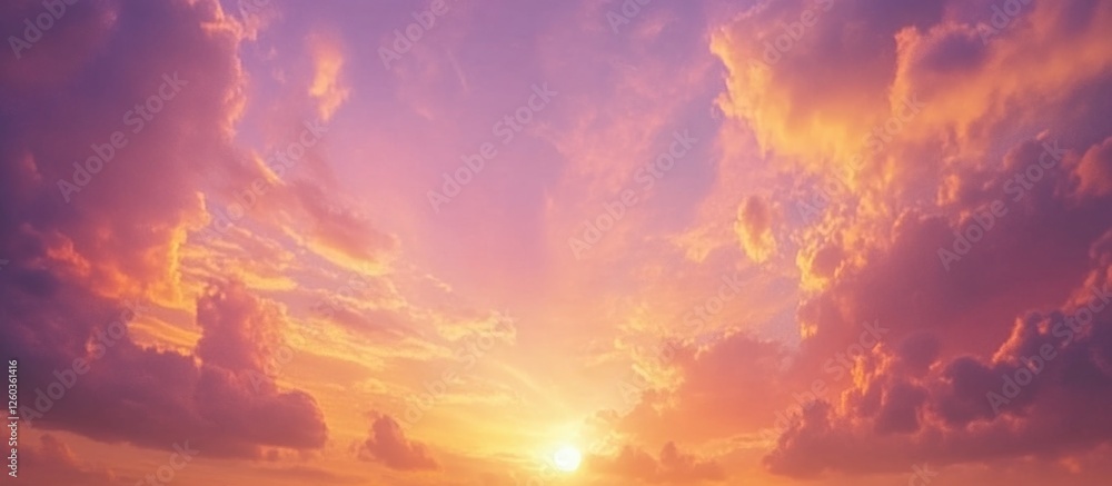 Naklejka premium Vibrant sky with colorful clouds during golden hour sunset showcasing a serene and tranquil atmosphere.