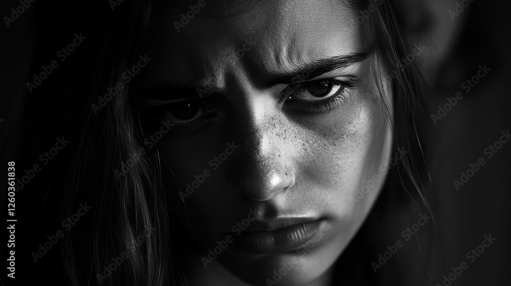 Emotional close-up of young woman displaying feelings of betrayal anger and suspicion in a relationship captured in black and white. Emotional close-up of young woman displaying feelings of betrayal anger and suspicion in a relationship captured in black and white.
