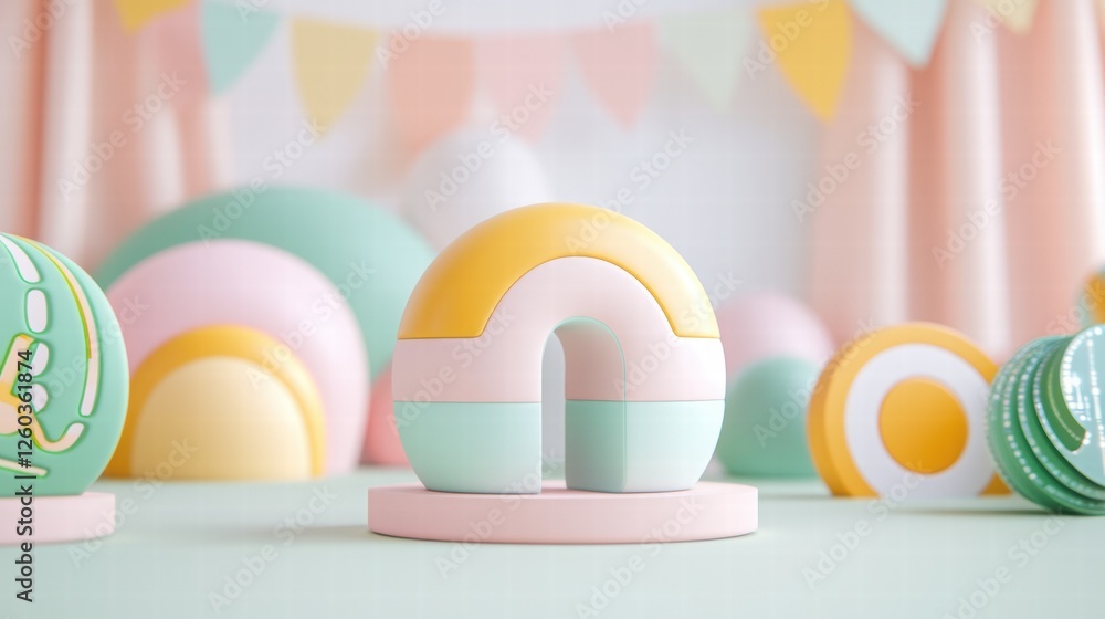 Fototapeta premium Colorful Geometric Playful Shapes and Elements in a Bright Interactive Digital Exhibition Space