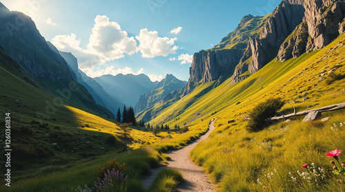 A Serene Mountain Pathway Bathed in Golden Sunlight