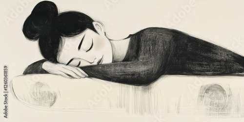 A serene, contemplative woman lies gracefully, her head gently cradled in one hand. Her closed eyelids hint at peaceful introspection within an elegant black-and-white sketch photo