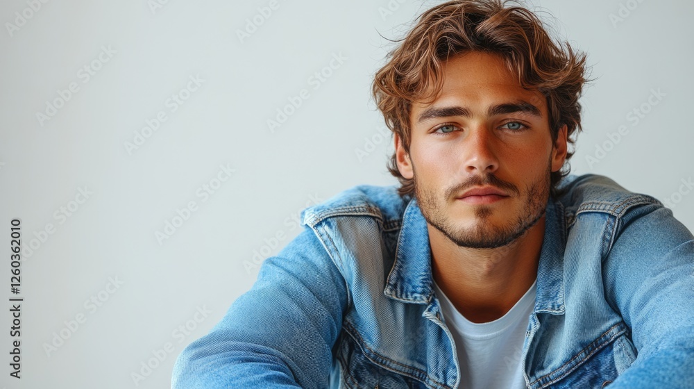 Young man in casual blue denim jacket and jeans posing confidently in a bright white studio setting. Young man in casual blue denim jacket and jeans posing confidently in a bright white studio setting.