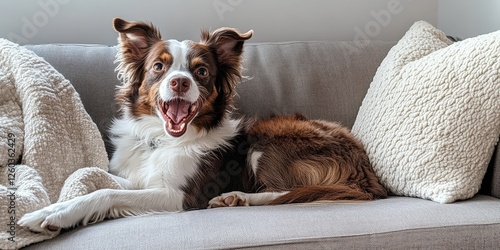 A serene border collie rests on a cozy gray couch, its head nestled gently in front paws, showcasing an open-mouthed moment of relaxation in tranquil brown and white hues photo