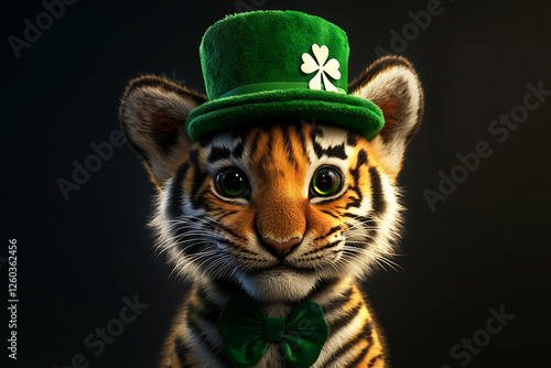 A playful tiger cub wearing a green top hat and bow tie, celebrating St. Patrick's Day with charm photo