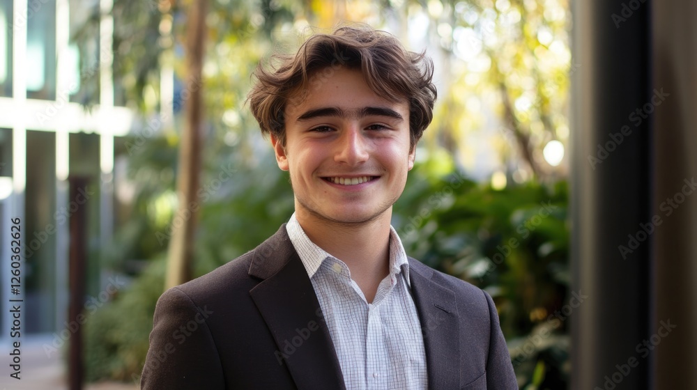 Confident Young Entrepreneur in Business Attire Smiling Outdoors Surrounded by Greenery Confident Young Entrepreneur in Business Attire Smiling Outdoors Surrounded by Greenery