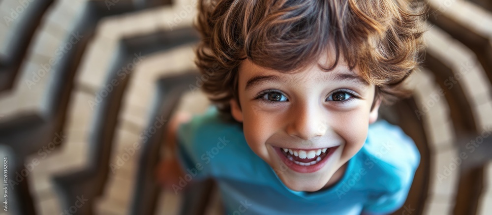 Boy joyfully exploring a maze with a bright smile and space for text in a playful and adventurous setting perfect for children's themes.
