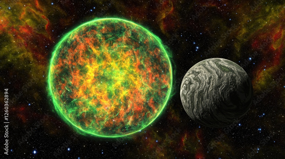 Naklejka premium Cosmic Nebula Swirling in Deep Space with Vibrant Colors and Celestial Bodies Nearby