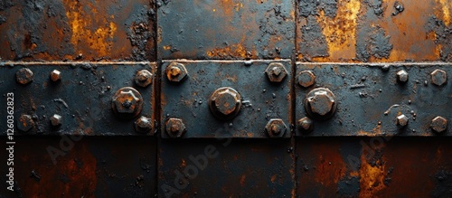 Rusty metal surface with rivets and bolts textured background for industrial or vintage design projects. photo