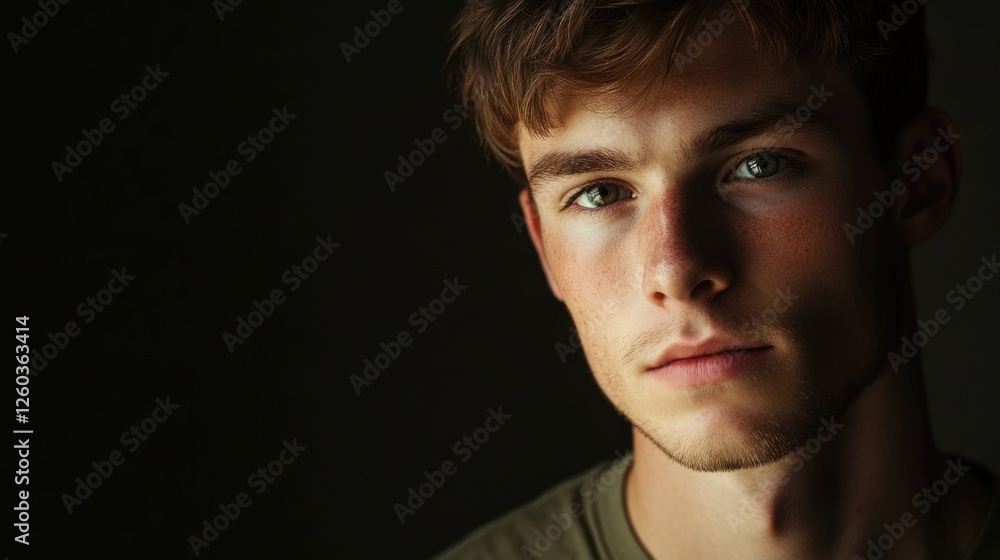 Fototapeta premium Young adult man portrait with soft lighting showcasing facial features and expression against a dark background.