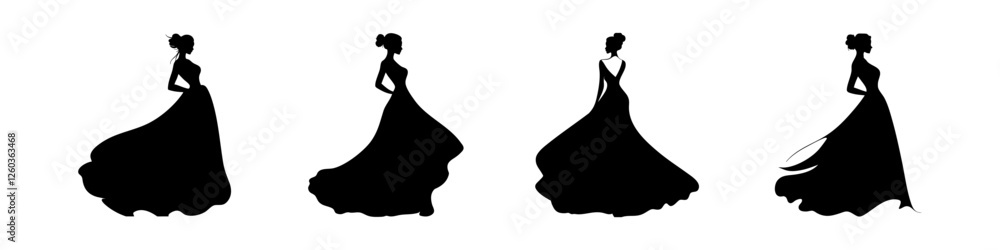 Silhouette of an elegant woman in a flowing dress, vintage style set isolated on white Silhouette of an elegant woman in a flowing dress, vintage style set isolated on white