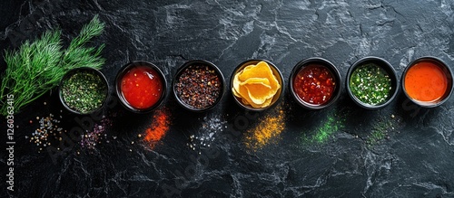 Fototapeta Naklejka Na Ścianę i Meble -  Chips with assorted sauces and spices in bowls arranged on black stone surface vertical composition
