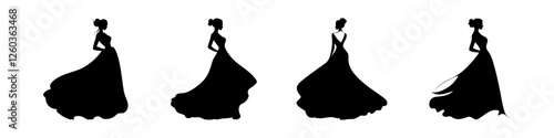 Silhouette of an elegant woman in a flowing dress, vintage style set isolated on white