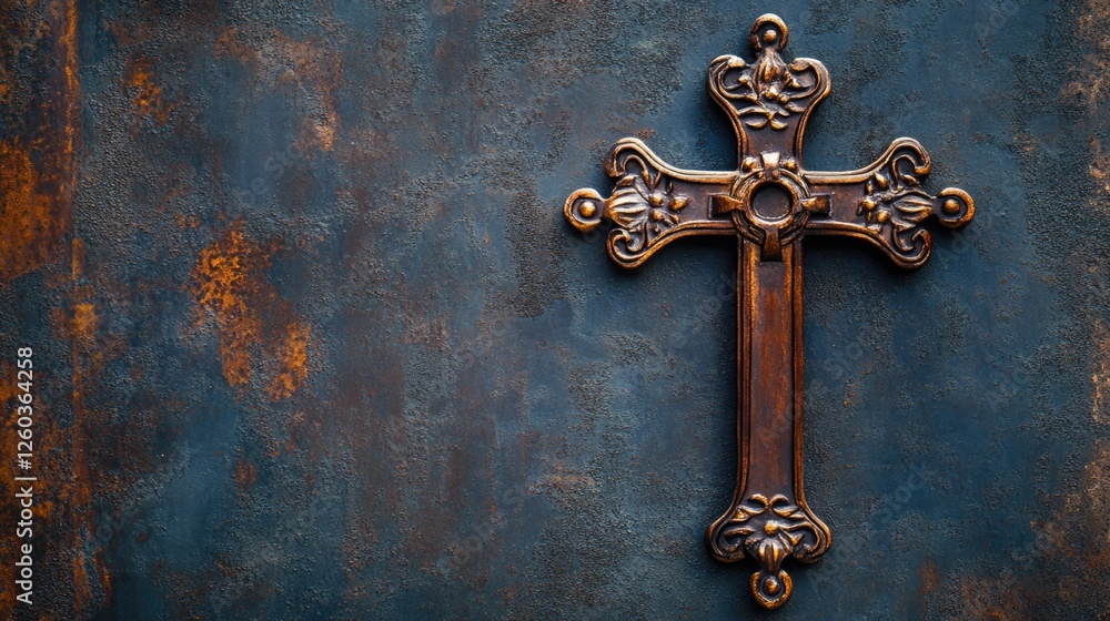 Wrought Iron Cross Against Rustic Background with Blank Space for Custom Text or Message Wrought Iron Cross Against Rustic Background with Blank Space for Custom Text or Message