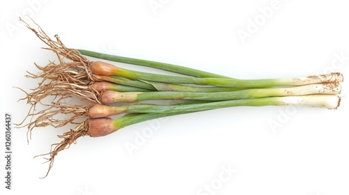 Fresh shallots with roots isolated on white background showcasing their vibrant green tops and earthy textures. photo