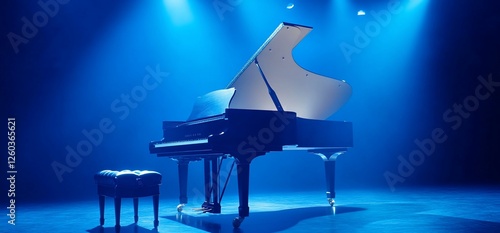 Grand Piano on Stage, Blue Light, Music photo