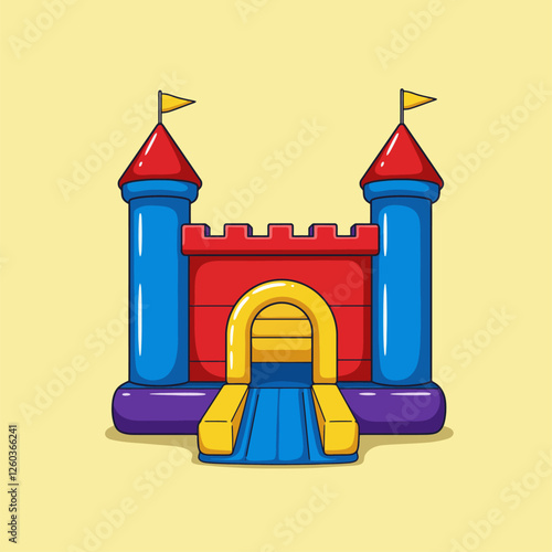 Colorful Cartoon Inflatable Bounce House with Flags on Light Yellow Background