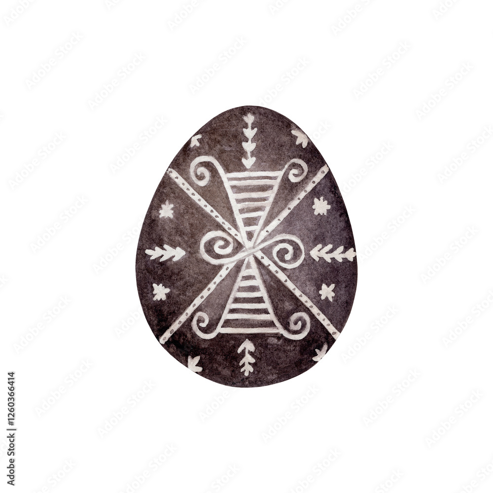Black Pysanka with Folk Motifs. Detailed watercolor illustration of an egg featuring an intricate traditional pattern. Perfect for use in cultural projects with Easter themes for wallpaper banners etc Black Pysanka with Folk Motifs. Detailed watercolor illustration of an egg featuring an intricate traditional pattern. Perfect for use in cultural projects with Easter themes for wallpaper banners etc