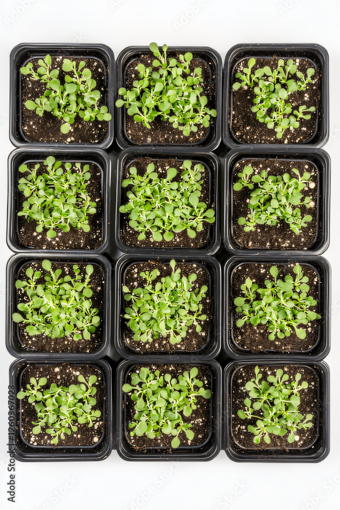 Fresh green seedlings growing in small black pots arranged on a white surface Fresh green seedlings growing in small black pots arranged on a white surface