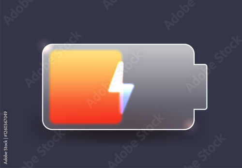 Half charged battery icon in glass morphism style. Orange charge indicator symbol on dark background