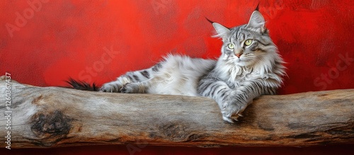 Silver tabby Maine Coon cat lounging on a wooden log against a vibrant red background perfect for pet related advertisements or promotions photo