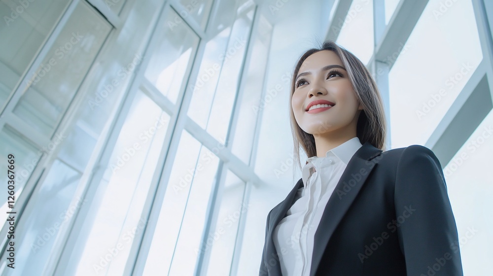 Confident Businesswoman Looking Ahead in Modern Office for Promotion, Success Confident Businesswoman Looking Ahead in Modern Office for Promotion, Success