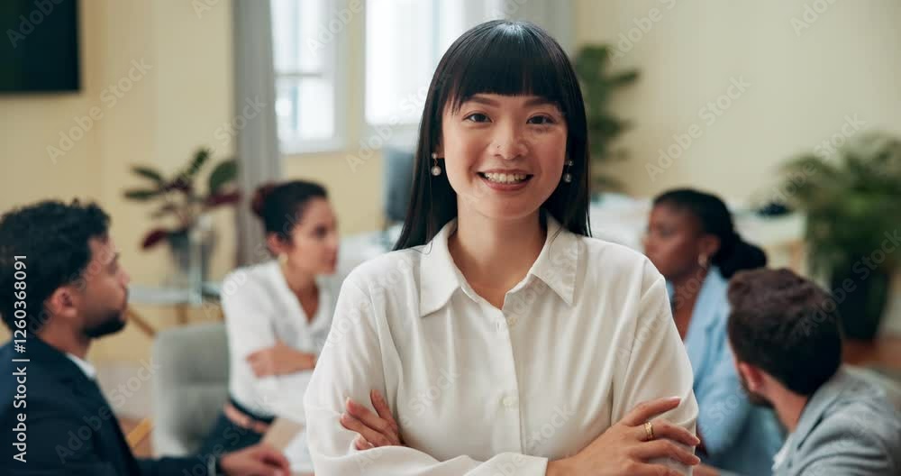 Happy, crossed arms and face of businesswoman in office for meeting with finance profit for company. Confident, portrait and female financial consultant with pride for corporate accounting career. Happy, crossed arms and face of businesswoman in office for meeting with finance profit for company. Confident, portrait and female financial consultant with pride for corporate accounting career.
