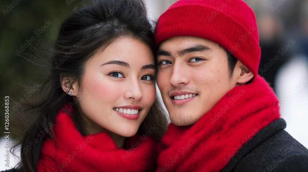 Young Asian couple in winter wear sharing intimate moment. Represents modern romance, seasonal fashion, and urban lifestyle. Young Asian couple in winter wear sharing intimate moment. Represents modern romance, seasonal fashion, and urban lifestyle.