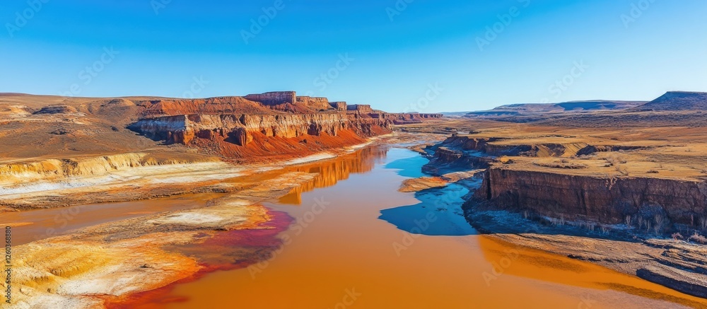 Naklejka premium Aerial view of Rio Tinto's vibrant acidic river showcasing striking red and orange hues along with unique mineral formations in a dramatic landscape