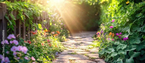 Fototapeta Naklejka Na Ścianę i Meble -  Lush garden pathway adorned with vibrant flowers and green ivy illuminated by warm sunlight in an outdoor setting.