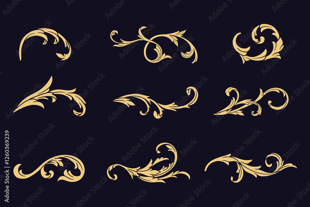 Set of  luxury gold baroque, Oriental vector damask patterns Retro arabesque filigree decorations element, with flourishes calligraphic ornament. Elegant Swirl scroll Vintage style design collection