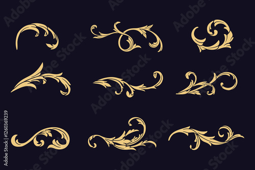 Set of  luxury gold baroque, Oriental vector damask patterns Retro arabesque filigree decorations element, with flourishes calligraphic ornament. Elegant Swirl scroll Vintage style design collection