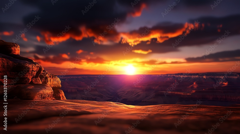 A breathtaking sunset over a canyon, showcasing vibrant colors of orange and purple
