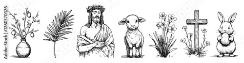 Easter religious icons symbols vector doodle black sketch Jesus Christ, lamb, rabbit, cross, palm