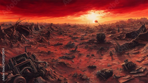 A desolate post apocalyptic landscape with a red sky